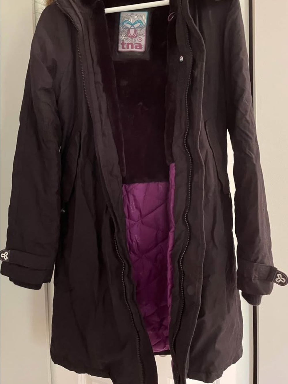 TNA Black Women's Puffer Coat with Purple Lining